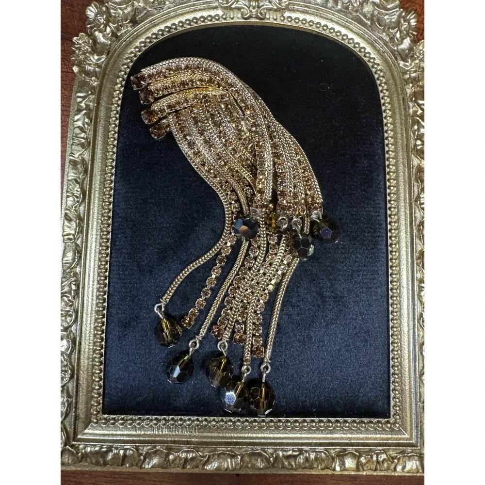 Vintage Gold Tone Waterfall Tassel Brooch Rhinestone Faceted Bead Dangle